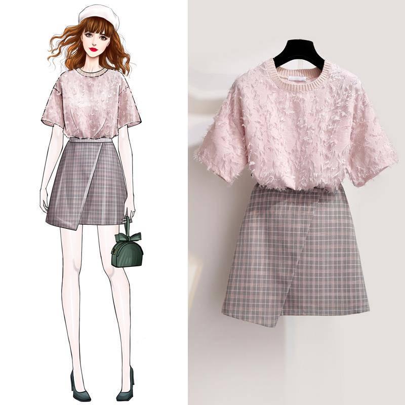 Summer Women 2 Piece Suit Short Sleeve Fringed Top T Shirt & Plaid Skirt Suits Skirts Set