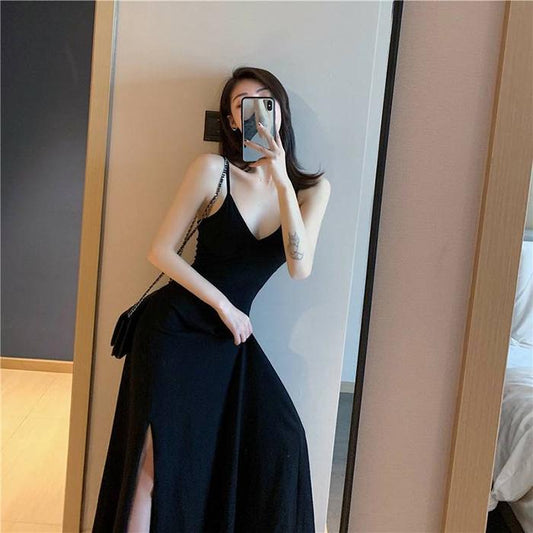 Women Plus Size Sexy Backless Camisole Dress Black V-neck Slim Dress Below The Knee Dresses