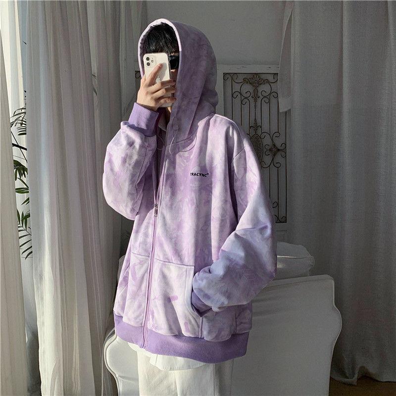 Oversize Tie-dye Coat Women's Long-sleeved Zipper Cardigan Casual Sweater Spring and Autumn Loose Jacket Unisex Hooded Sweatershirt