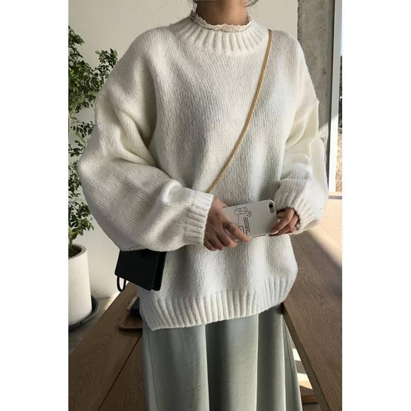 Pofulove Autumn Winter Lazy Pullover Round Neck Sweater Women Korean Loose Base Sweater Coat