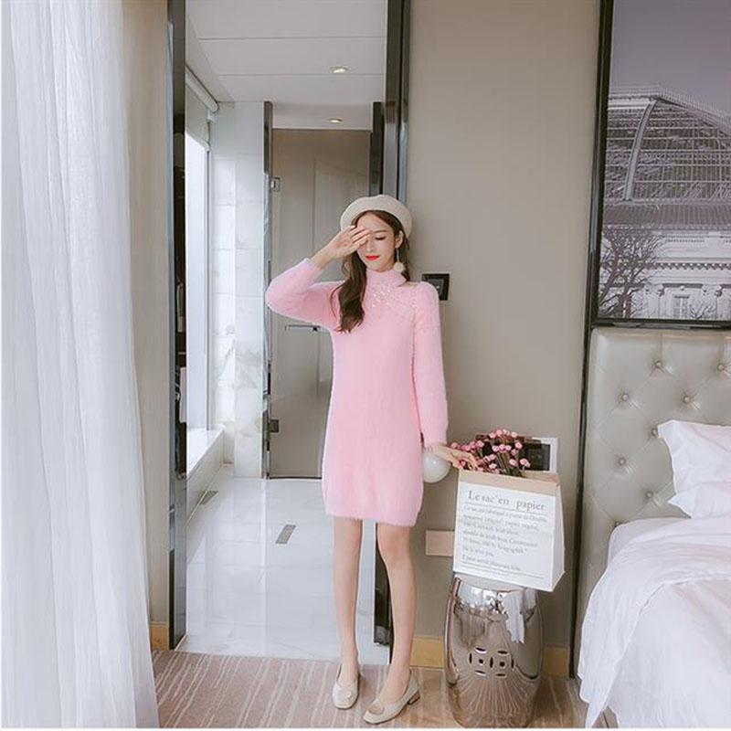 Autumn and Winter Temperament All-match Dress Beaded Mohair Knitted Sweater Dress Loose Mid-length Female Base Dress