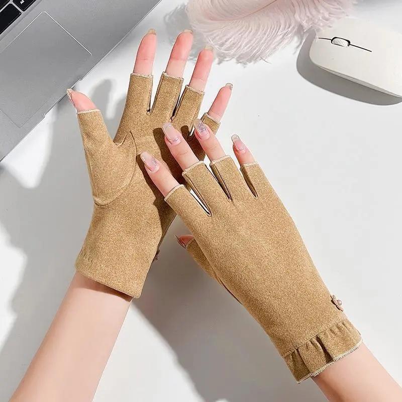 Women's Half-finger Gloves Warm Spring Autumn Fingerless Mittens Winter Female Cute Ruffled Simple Driving Office Gloves Solid Acrylic Elastic Gloves