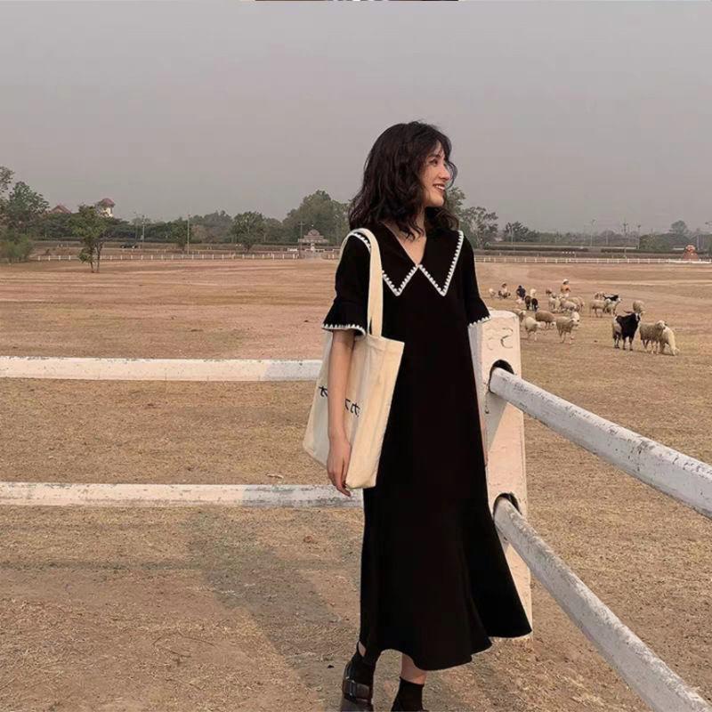 Women's Spring and Summer Simple French Elegant Retro Large Slim Black Long Dress