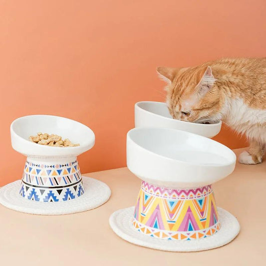 Cat Bowl Ceramic Protective Cervical Spine Oblique Mouth Cat Food Bowl Food Dispenser Water Bowl Anti-overturning Bohemian High Stand Bowl