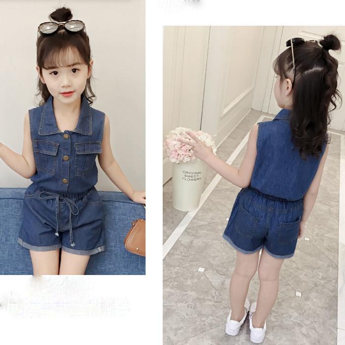 Girls Clothing Sets Summer Denim Short T-shirt+Pants Korean Style Single Breasted 2Pcs for Kids Baby Suit Cowboy Suit