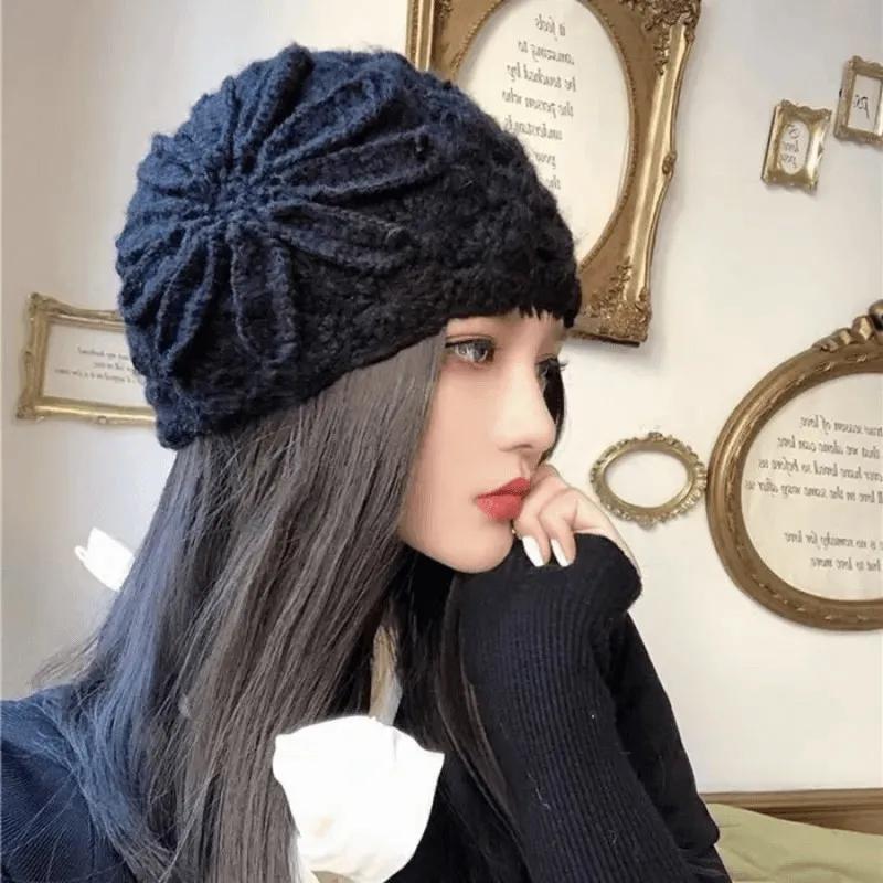 Knitted Hat Woman Autumn and Winter Wild Handmade Flower Warm Sweater Hat Bag Head Month Cap