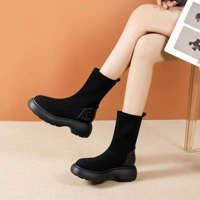 Black Boots Woman Autumn and Winter Elastic Boots Korean Version of Wild Short Boots Increased Thick-soled Boots Martin Boots