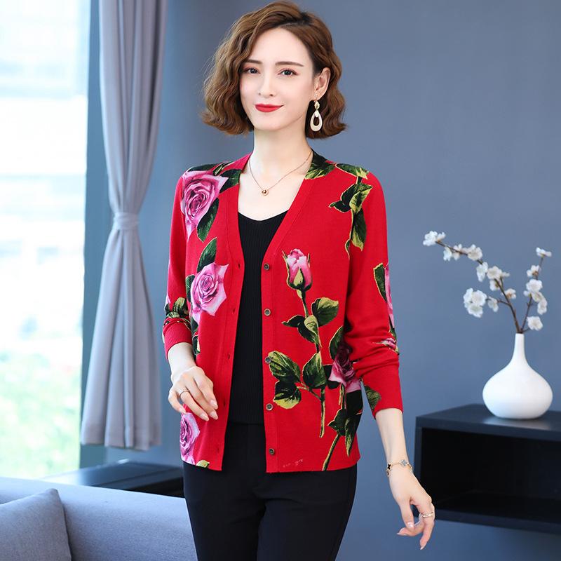 Rose Print Cardigan Women Spring Autumn Winter Loose Plus Size Sweater Coat Elegant Wool Cardigan