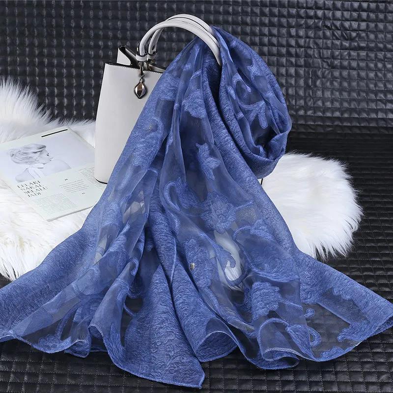 Women's Acrylic Linen Lace Silk Scarf Neck Conver Korean Scarves Long Gauze Scarf Pure Color Auspicious Cloud Embroidery Cut Flower High Quality Shawl