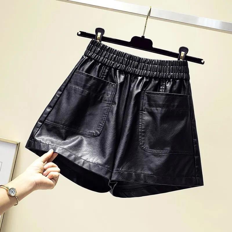 WTEMPO Black High Waist Leather Short Pants Women Thin Elastic Waist Pockets Decor PU Leather Shorts