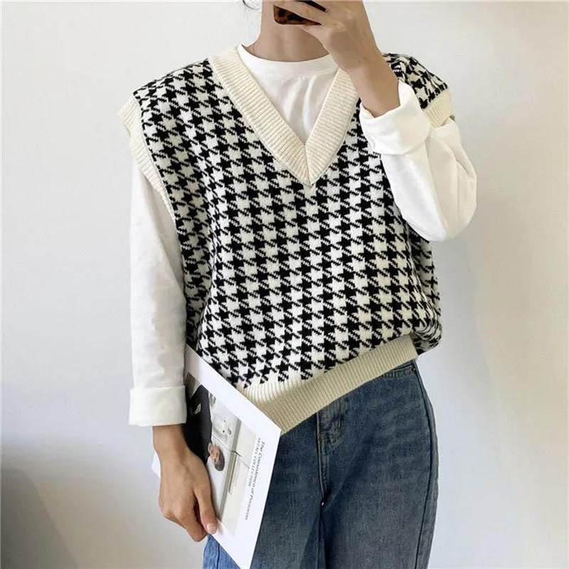 V-neck Knitted Vest Vest Female Houndstooth Korean Version Loose and Versatile Sleeveless Waistcoat Sweater Vest Jacket Outer Wear