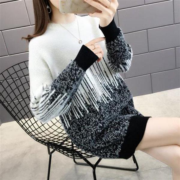 Women's Mohair Sweaters Thick Pullover Knitwear Gradient Color Round Neck Fuzzy Sweater