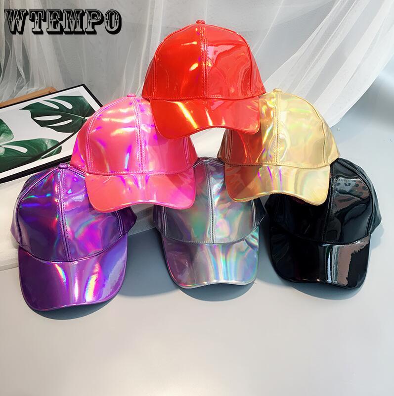 Women Men Color Gradient Shiny Metallic Laser Leather Snapback Baseball Caps