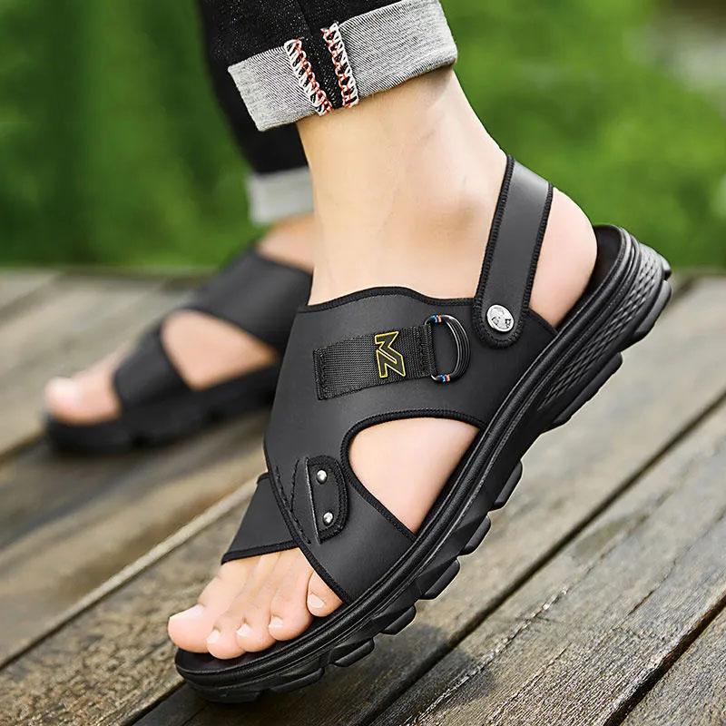 Men's Sandals Outer Wear Genuine Cowhide Leather Soft-soled Sandals Summer Thick-soled Beach Sandals Dual-use Slippers Open Toe Sandals