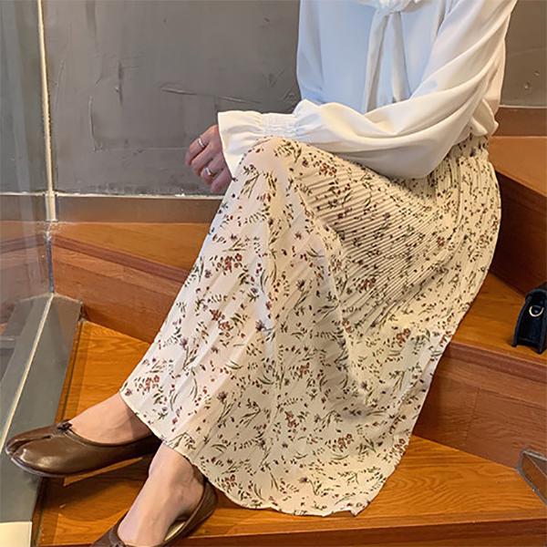 Floral Print Pleated Midi Skirt Women Elastic High Waist Skirts Spring Summer 2020 Elegant Female