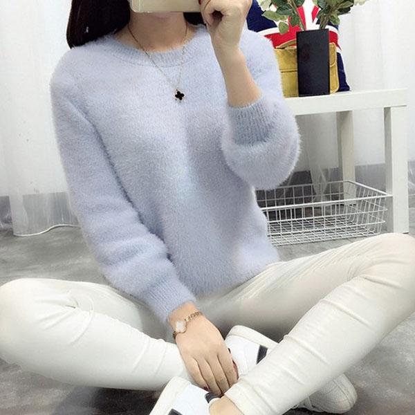 Autumn and Winter Round Neck Short Top Loose Pullover Solid Color Long-haired Sweater Thick Mohair Bottoming Shirt