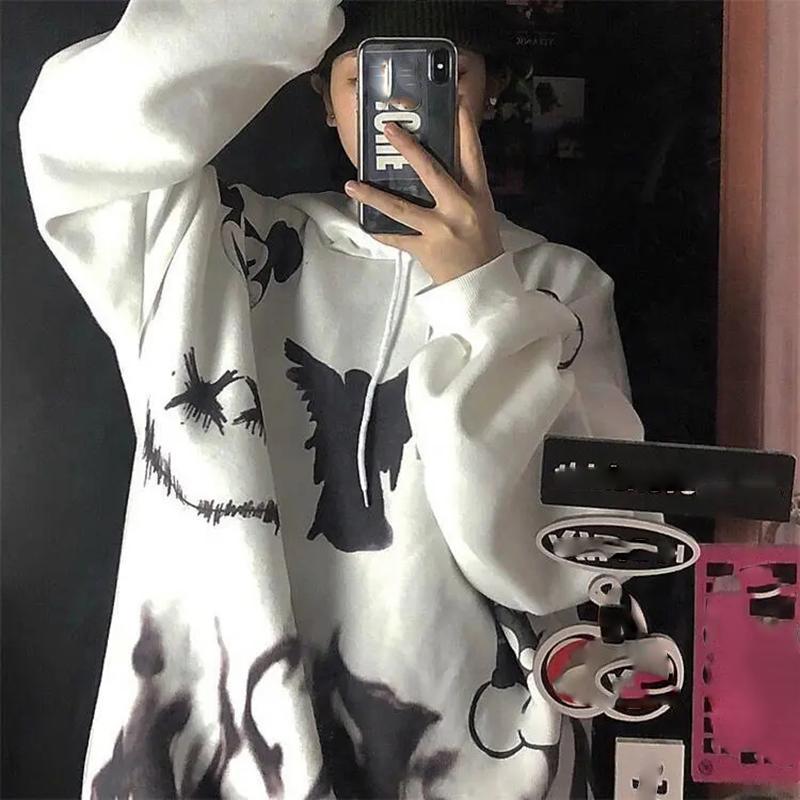 Anime Sweatshirts Hoodies Women Oversized Fashion Printed Streetwear Hip Hop Harajuku Pullovers Pink Girl Pattern Plus Size Loose Hooded Tops Women