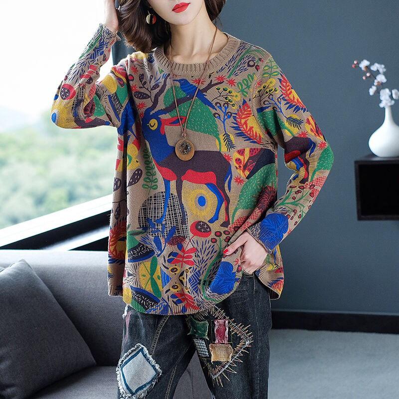 Bohemian Printed Sweater Female Soft Pullover Sweater Loose O-neck Jumper Knit Outwear