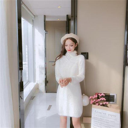 Autumn and Winter Temperament All-match Dress Beaded Mohair Knitted Sweater Dress Loose Mid-length Female Base Dress