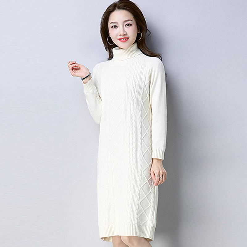 Women dress fall winter pure color Knitted Sweater Dress Long Sleeve casual ladies Pullover dresses