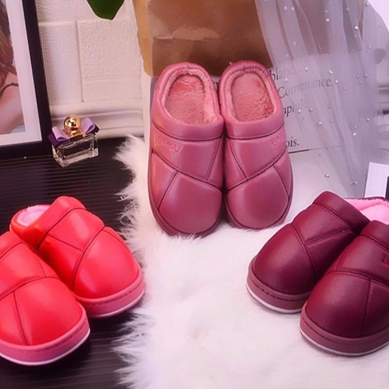 Waterproof Cotton Slippers Women Autumn and Winter PU Surface Soft Bottom Non-slip Couples Home Thick Bottom Solid Color Warm Cotton Slippers Men