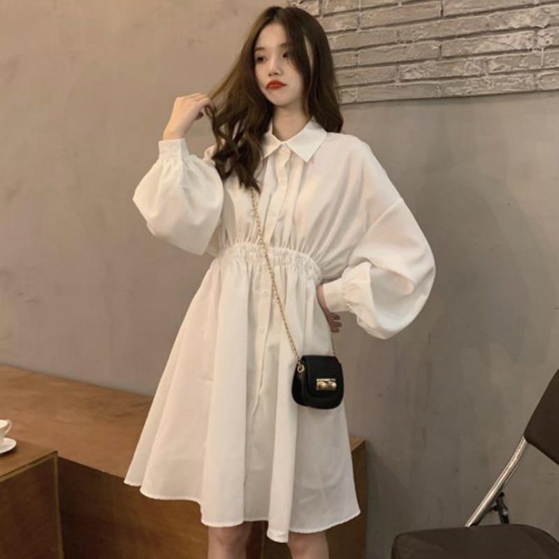 Woman Dress Long Sleeve Turn-down Collar Solid Sweet Elastic Waist Simple Elegant Pleated Streetwear