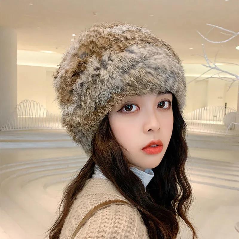 Women's Hats Thick and Warm Real Rabbit Plush Fur One-piece Knitted Hat Winter Cold All-match Knitted Baotou Woolen Hat