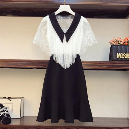 Women's Dress Large Size Summer Slim Lace Stitching Dress A-word Pleated Dress Elegant Party Dress