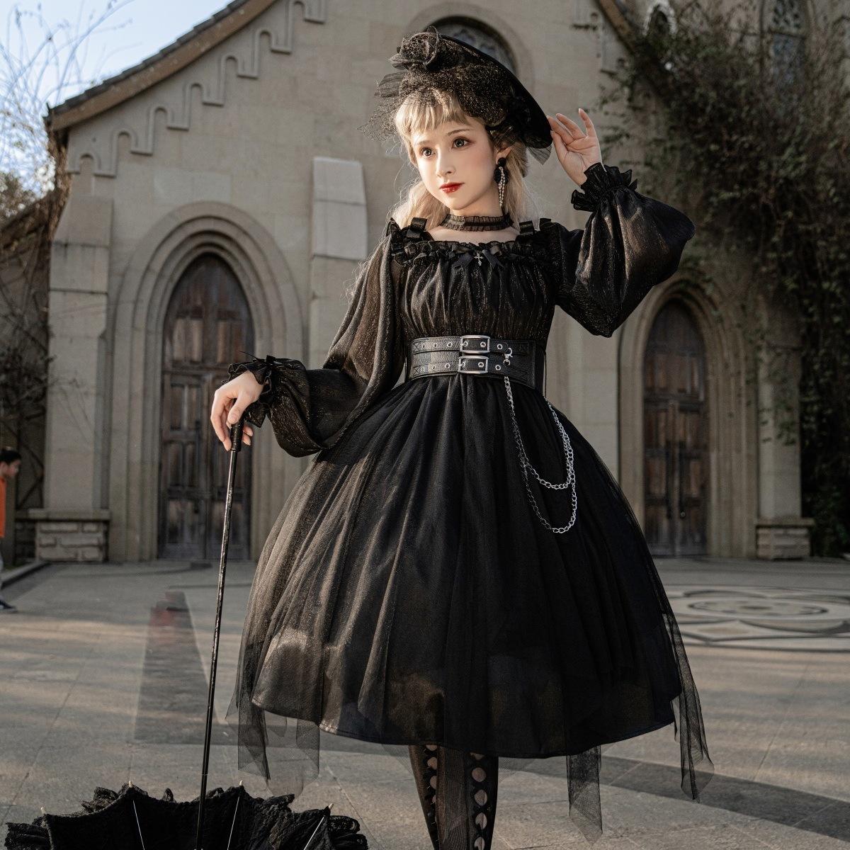 Women Lolita Gothic Dress Girl Ruffle Mesh Puff Sleeve Steampunk Cosplay Irregular Black Vintage Dresses Fashion