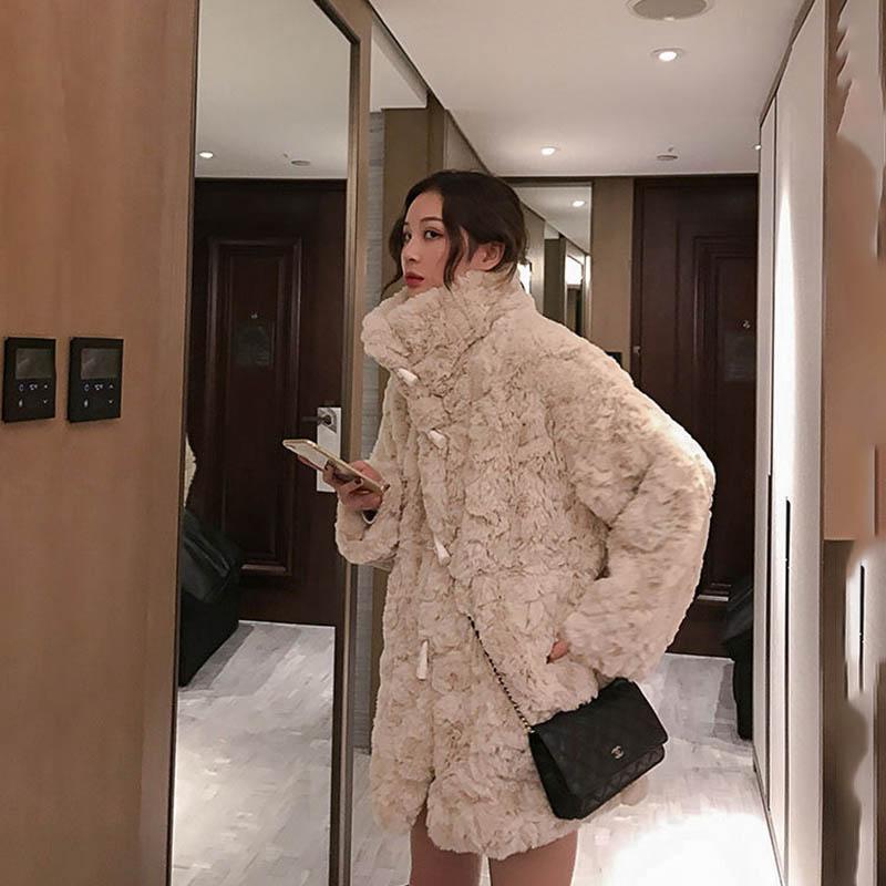 Lamb Fur Coat Female Autumn and Winter Long Horn Buckle Imitation Rex Rabbit Plush Coat