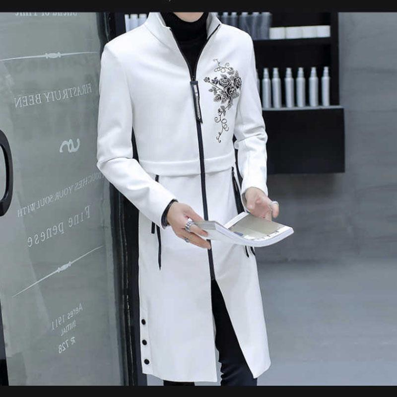 Men Leather Windbreaker Embroidered Floral Coat Stand Collar Casual Slim Jacket Trend Comfortable Parka Long