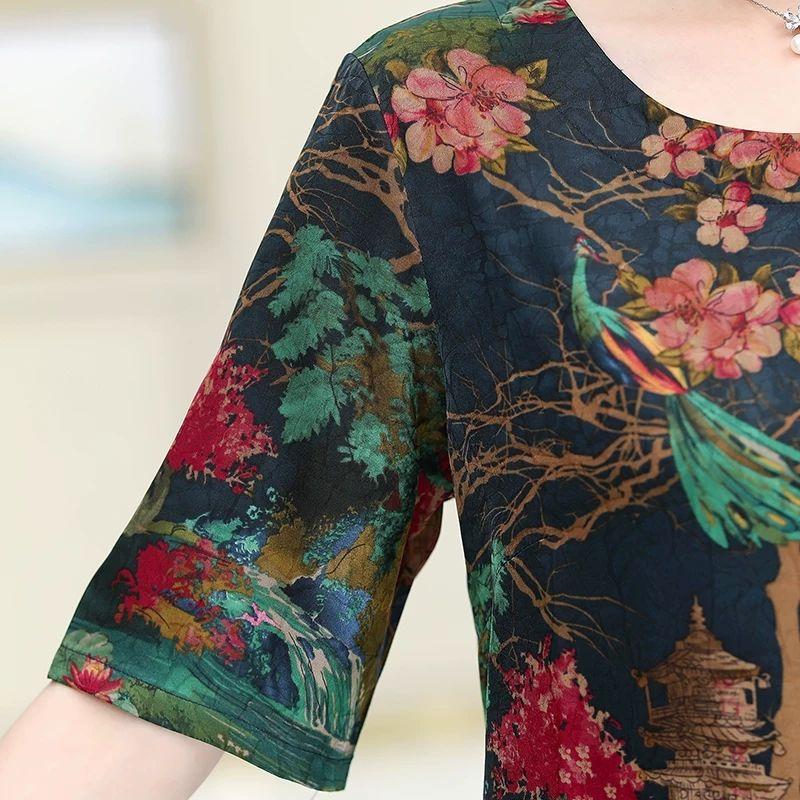 Women's Summer Dress Middle-aged Mother Chiffon Veil Short Sleeve Round Neck Printing Mid-length Daily Wear