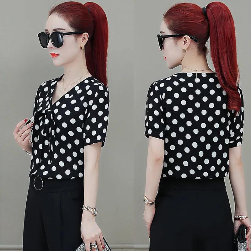 Chiffon Shirt Women's Short-sleeved Loose Top Cover Belly Shirt Shirt Black and White Polka Dot Chiffon Shirt Temperament Elegant Lady Style