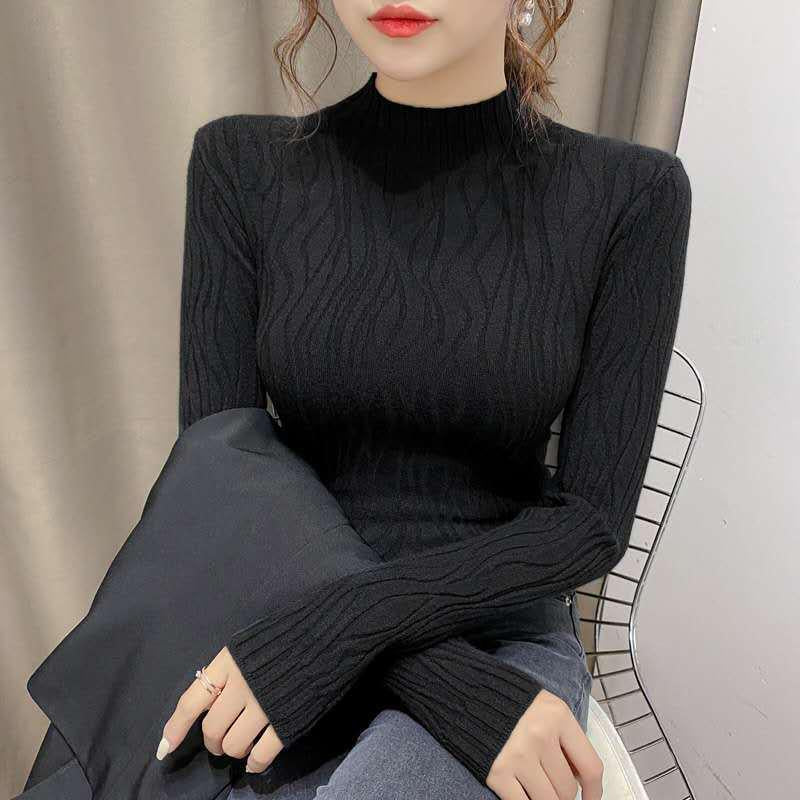 Autumn Winter Knitted High Neck Sweater Women's Solid Color Stretch Slim Bottoming Shirt All-mach Wrinkle Pullover Jumper Top