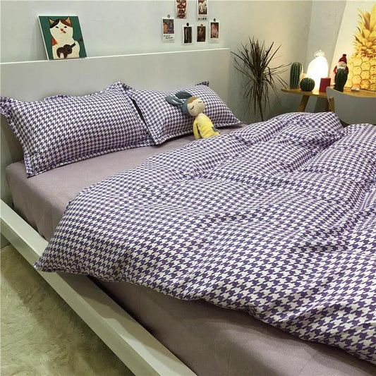 Nordic Simple Four-piece Washed Cotton Yellow Plaid Quilt Cover Single Double Dormitory Four-piece Double Bed Bedding