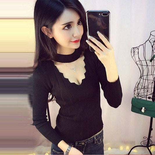 Pullover V-neck long-sleeve T-shirt female black top sexy knitted bottoming sweater pullover