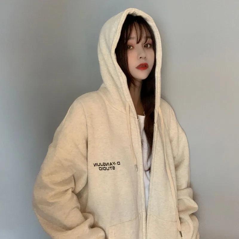 Female Autumn Hooded Cardigan Sweater Student Mid-length Top Coat Ins Girl's Loose Jacket Zipper Coat Long-sleeved Hooded Sweater Women Cardigans