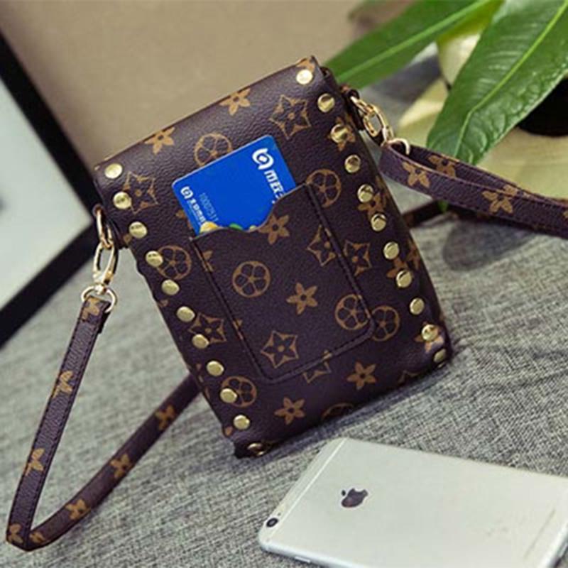 2piece Women's mobile phone bag coin purse retro printing Korean rivet small shoulder bag mini crossbody bag and clutch wallet