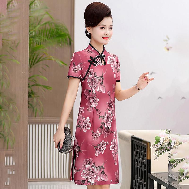 Fashion Mother Summer Short-sleeved Chinese Style Improved Cheongsam Dress Middle-aged and Elderly Women's Western Style Long Slim Dress