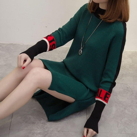 Autumn and Winter Color Matching Plus Size Dress Mid-length Loose Knit Bottoming Shirt Thick Half High Neck Women's Sweater Dress