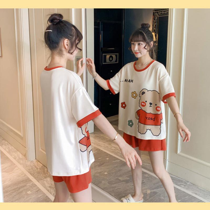 Women's Summer Pajamas Set Short-sleeved Loose Large Size Cartoon Cute Pyjamas Two-pieces Homewear Round Neck Printing Sleeping Suit