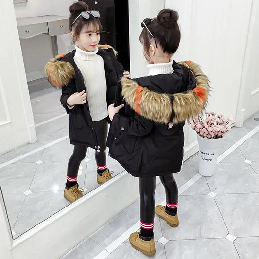 Girls' Warm and Thick Cotton-padded Jacket Mid-length Windproof and Velvet Jacket