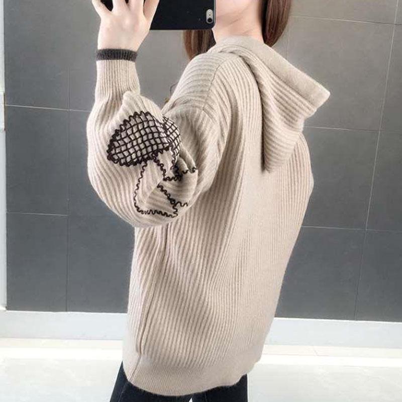 Women's Jacquard Hooded Pullover Loose-fitting Outer Wear Autumn and Winter Lantern Sleeve Sweater Jumper