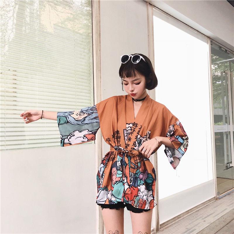 Comic Print  Cardigans Japanese Kimono Cardigan Woman Thin College Streetwear Sunscreen Clothes Kimono Coat