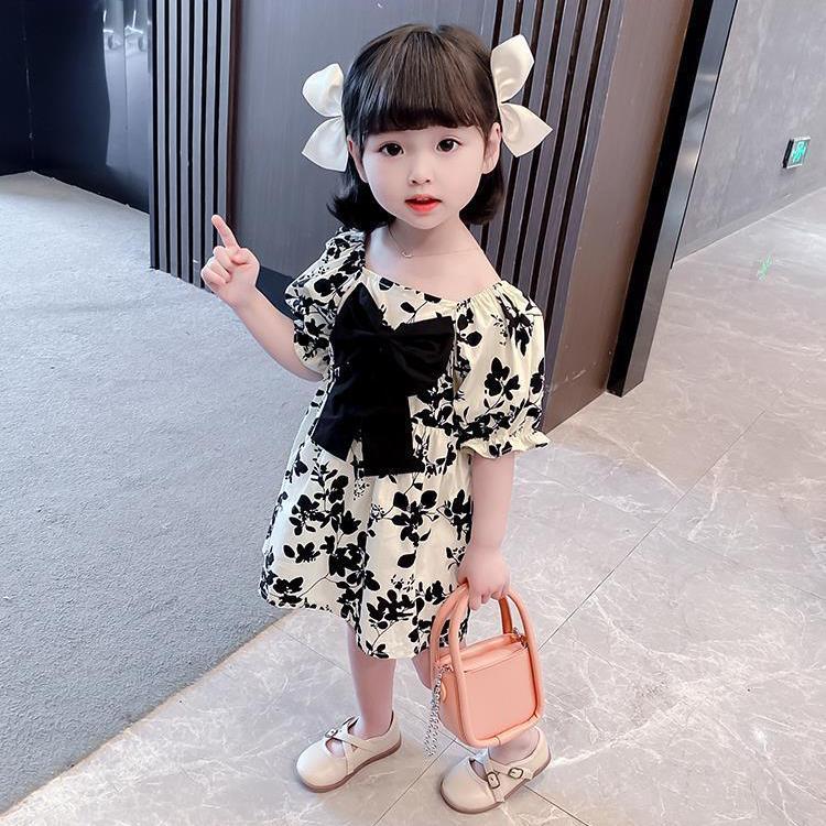 Children Dress Spring Summer Girls' Bow Chiffon Dress Floral Skirt Short Sleeve Girdle Princess Skirt A-line Dress