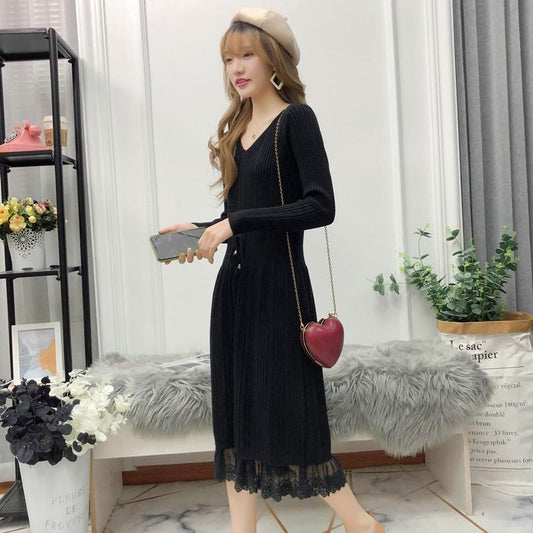 6 Colors Women Winter Sweater Dress Long Section Turtleneck Lace Knitted Skirt Pullover