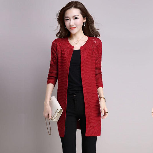 Long Sweater Women's Jacket Knit Cardigan New Hollow Solid Color Wild Knit Jacket Coat Female