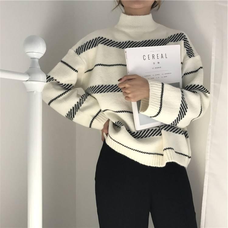 Pofulove Autumn Winter Pullover Striped Turtleneck Short Sweater Female Loose Long-sleeved Sweater