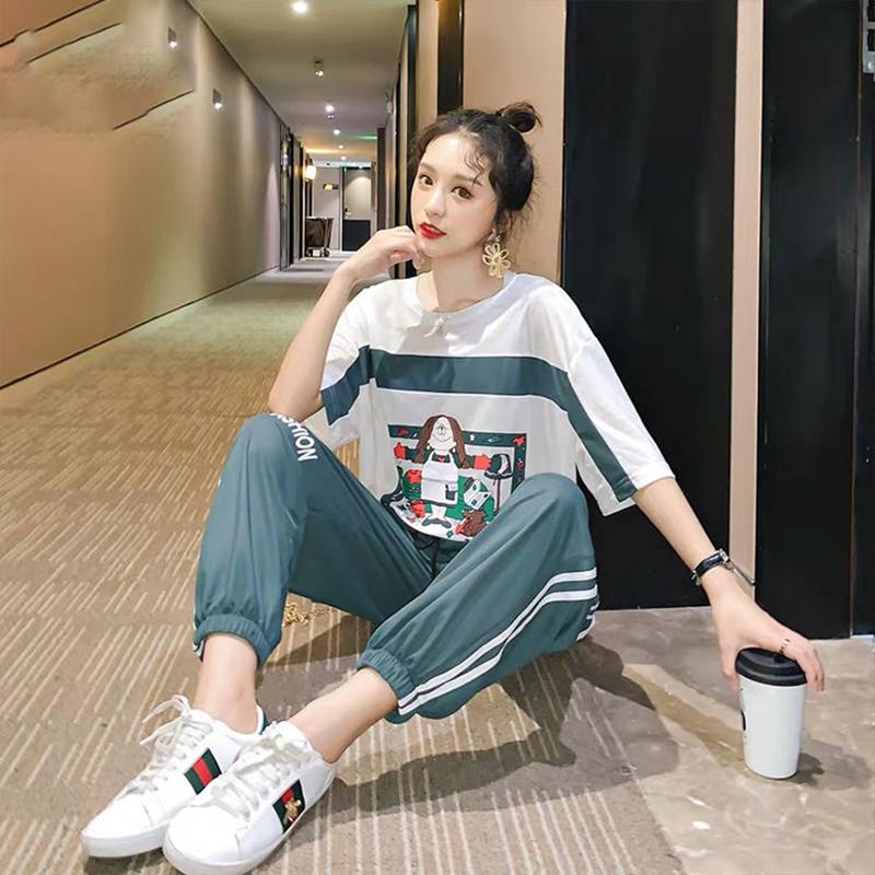 Summer Leisure Suit Women Loose Running Sportswear Two-piece Suit Round Neck T-shirt Short Sleeve + Loose Sports Pants Home Service Suit