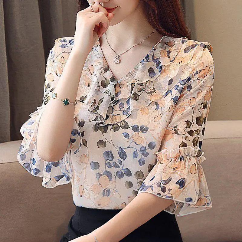 Women's Summer Short Sleeve Chiffon Shirt Printed Loose Large Size Shirt Top